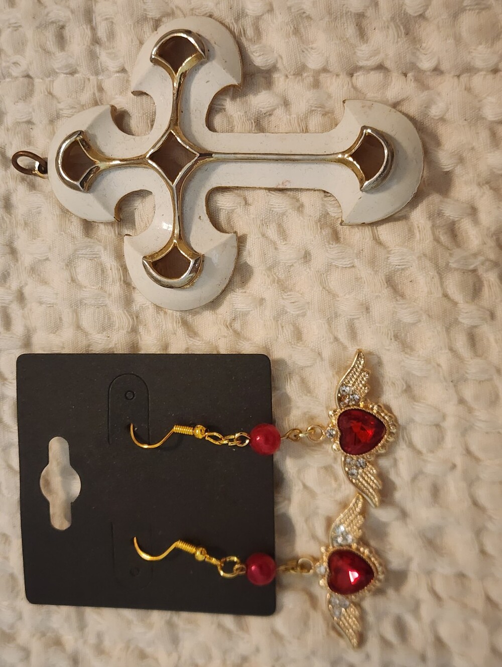 Lot Of 2 Cream Cross Pendant & Gold/Red Rhinestone Angel Wing Dangling Earrings